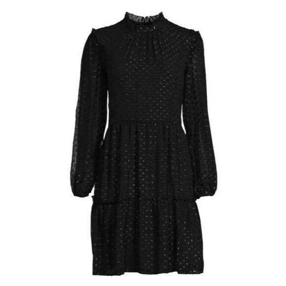 Tommy Hilfiger Textured Sheer Long Sleeve Tiered Black Mini Dress SZ 14 - Picture 1 of 15